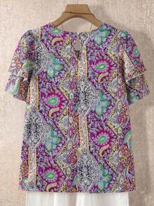 Blusa casual de mujer talla grande de unicolor con cuello redondo, mangas de doble capa, corta, plisada, versátil y de moda para el verano y vacaciones - Púrpura malva - Ver 2