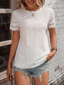 Blusa casual de cuello redondo de manga corta para mujer, con borde de encaje hueco y sencilla - Blanco - Ver 4