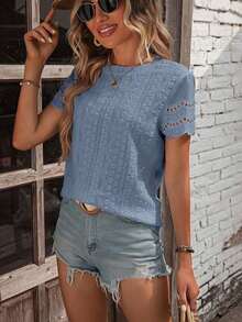 Blusa casual de cuello redondo de manga corta para mujer, con borde de encaje hueco y sencilla - Azul - Ver 4