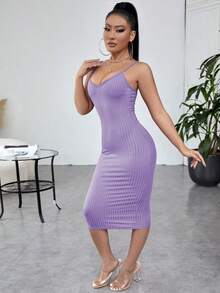 Vestido ajustado unicolor tejido de canalé - Morado - Ver 5