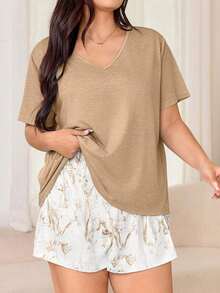 Miss Vinta Set de 2 piezas Pijama de mujer de talla grande con top de manga corta escote en V y shorts con estampado floral.Conjunto de pijama de verano cómodo de mujer con pantalón corto y top, ropa de estar por casa de verano - Caqui - Ver 5