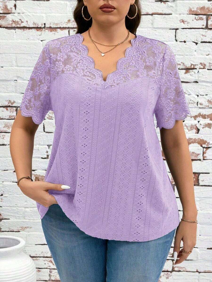 Clasi Camiseta de talla grande de verano de unicolor con contraste de encaje calado y bordado - Púrpura malva - Ver 1
