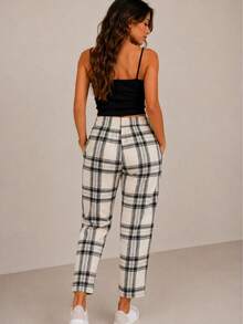 Pantalón Corto pierna recta Cuadros Dama Mujer Casual de Uso Diario Con Bolsas y Cintura Ajustable - Hueso - Ver 4