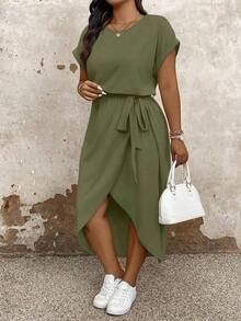 Vestido casual de talla grande para mujer con cuello redondo, manga corta tipo murciélago y bajo asimétrico.Vestido largo de verano para mujer - Verde militar - Ver 4