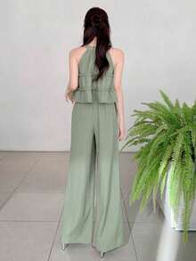 Set de 2 piezas de top sin mangas liso y pantalones de pierna ancha, conjunto de loungewear con volantes para Pascua para mujeres - Verde - Ver 2
