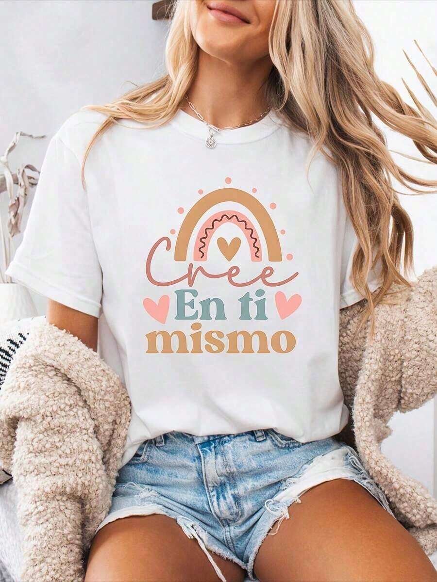 Women's Casual Short Sleeve T-Shirt, 100% Cotton, 1 Piece, 100% Thick Cotton - Comfortable Round Neck, Soft And Adorable T-Shirts - 白色 - 查看 1