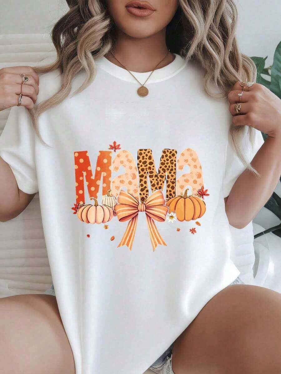 Women's And Girls' Oversized Crew Neck Casual T-Shirt, Basic Graphic Print Tees, White Options, Loose Short Sleeve Summer Tops, Fashionable Women's T-Shirt With 'Mama With Pumpkins And Orange Bow' Print, Casual Short Sleeve Cotton Clothing For Beach Vacation 2026, Birthday Gift For Women

-Fashion - 白色 - 查看 1