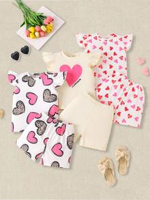 6件套女童休闲爱心印花上衣及配套爱心印花短裤户外套装，春夏款 - 彩色 - 查看 1