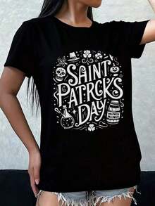 Women's St. Patrick's Day Skull T-Shirt, Black Tee, Gifts, Summer And Spring Outerwear, Summer And Autumn Printed Tees, Urban Style Clothing, Hip-Hop Street Style, Perfect Choice For Daily Wear. Suitable For Spring, Summer And Autumn - 黑色 - 查看 1