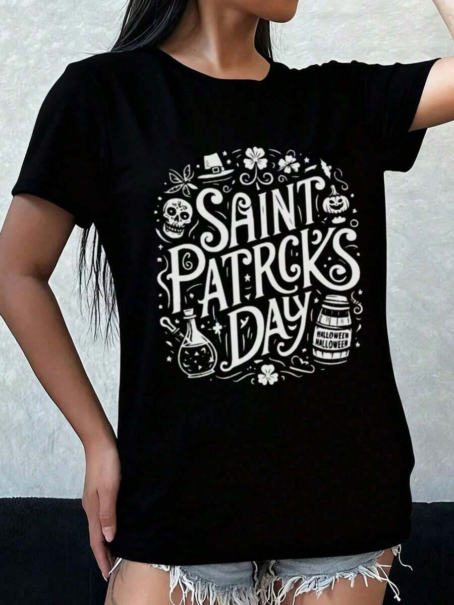 Women's St. Patrick's Day Skull T-Shirt, Black Tee, Gifts, Summer And Spring Outerwear, Summer And Autumn Printed Tees, Urban Style Clothing, Hip-Hop Street Style, Perfect Choice For Daily Wear. Suitable For Spring, Summer And Autumn - 黑色 - 查看 1