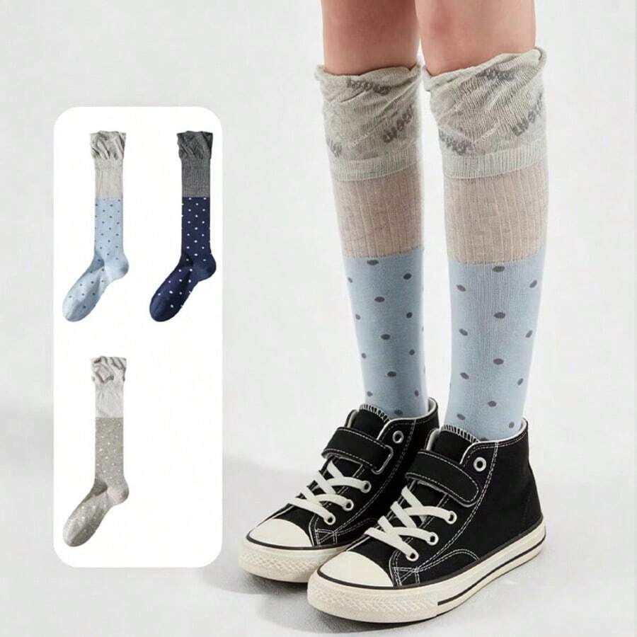 3 Pairs Polka Dot Patchwork Crew Socks, Skin-Friendly Breathable Fabric, Ruffle Trim, Letter Embroidery Design, Korean Style Contrast Color Crew Socks, Soft & Elastic, Slimming & Leg Lengthening, Versatile For Work, School, Daily Wear - Multicolor - View 1
