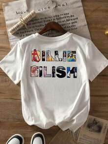Under The RadarCamiseta gráfica para mujeres - Impresión de Billie en el frente y atrás con diseño de cabello rojo - Ropa oficial para fans de Billie - Conjunto suave para conciertos diarios - Camiseta casual para fans de Billie - Esencial de primavera/otoño/verano - Top casual elegante de Billie, ropa para fans de la música, camisa de ajuste relajado, tela cómoda, moda de primavera, top moderno, material transpirable, camiseta de manga corta, amantes de la música, camisa de diseño oficial, calidad de impresión duradera, ropa inspirada en celebridades, mujeres, tops de moda para mujeres, impresión de letras del alfabeto-Vintage Street Style Unisex Loose Cotton Short Sleeve Crew Neck T-Shirt - Blanco - Ver 2