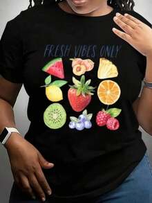 Camiseta Casual con Estampado de Frutas, Estilo Veraniego, Ropa Casual para Mujeres y Niñas, Perfecta para Playa, Picnic o Salidas Diarias, 220g, 100% Algodón, Resistente - Negro - Ver 7