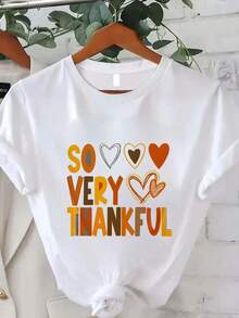 Women's Casual T-Shirt With "SO VERY THANKFUL" Print, Summer T-Shirt For Women, Fashionable, Casual, Comfortable And Soft For Outdoor Sports And Fitness, Round Neck, Short Sleeve, 100% Cotton, Durable - 白色 - 查看 7