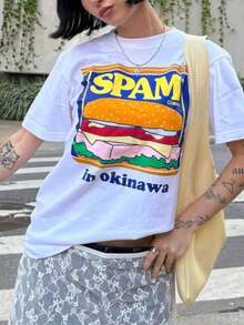 Camiseta Oversize con Estampado Gráfico de Hamburguesa "SPAM in Okinawa" Estilo Y2K para Mujer, Camiseta Casual de Manga Corta con Cuello Redondo, Estampado de Comida Retro Vintage, Ropa de Verano para Uso Diario, Citas para tomar un café, Brunch, Fiestas, Moda Vacacional para Adolescentes, Camiseta Gráfica Holgada para Mujeres Jóvenes y Amantes de la Comida, Adecuada como regalo. playera de mujer. blusas>elegantes. boho chic,Top de mujer suave, transpirable y cómodo, ideal para primavera, verano y otoño, perfecto para vacaciones, viajes y uso diario. - Blanco - Ver 7