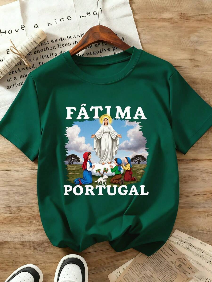 Premium Summer T-Shirt For Women With A Print Of Our Lady Of Fatima, 100% Pure Cotton, 220 Grams, Unisex Casual Style, Suitable For Daily Wear And As A Gift, Comfortable Fabric - A Perfect Choice For Lovers Of Religious Art And Portuguese Culture, Soft And Breathable Short-Sleeved T-Shirt For Summer. - 綠色 - 查看 1