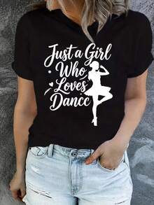 Camiseta de manga corta para mujer, estilo casual de verano, Y2K, años 90, suave y cómoda, con el estampado "solo una chica que ama bailar", un atuendo atractivo para entusiastas del baile, ropa elegante para mujer, camiseta de manga corta con cuello redondo. - Negro - Ver 12