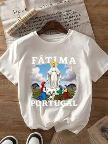 Camiseta de verano premium para mujer con estampado de la Virgen de Fátima, 100% algodón puro, 220 gramos, estilo casual unisex, adecuada para uso diario y como regalo, tela cómoda-una elección perfecta para los amantes del arte religioso y la cultura portuguesa, camiseta de manga corta suave y transpirable para el verano. - Blanco - Ver 12