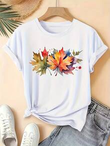Women's Lightweight Spring/Summer Clothing, Watercolor Maple Leaf Print T-Shirt, Round Neck, Short Sleeve, Fashionable Casual Top, Elegant Party Wear, Loose Fit, Holiday Gift, Fun Design, Everyday Wear, Loungewear, Daily Casual Outfit. - 白色 - 查看 11