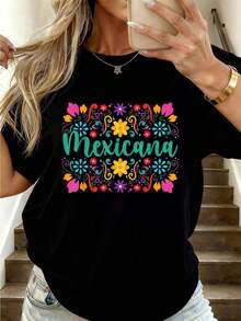 Camiseta de Mujer Mexicana Latina Chica Mexicana Floreséxico - Camisetas Gráficas Casuales de Moda Femenina - Tops de Uso Diario,Prendas callejeras de estilo fiesta y carnaval con blusas transpirables para uso diario y actividades. - Negro - Ver 1
