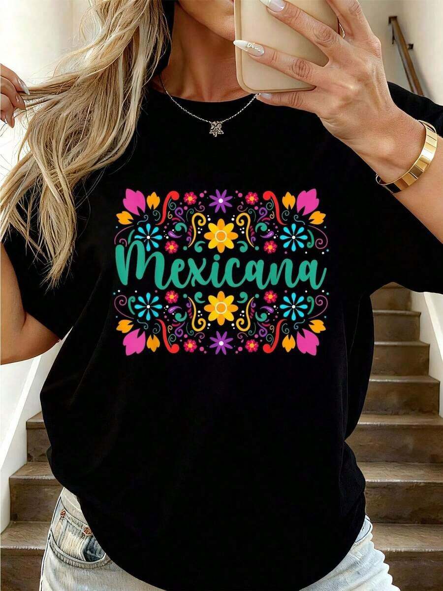 Camiseta de Mujer Mexicana Latina Chica Mexicana Floreséxico - Camisetas Gráficas Casuales de Moda Femenina - Tops de Uso Diario,Prendas callejeras de estilo fiesta y carnaval con blusas transpirables para uso diario y actividades. - Negro - Ver 1