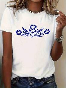 Cozy Comfy Lounge, camiseta de manga corta de cuello redondo para mujer, de corte holgado, con una base blanca sencilla y un estampado floral azul, cómoda y agradable al tacto, lavable a máquina, disponible en corte holgado. Ropa de hogar suave y relajada. - Negro - Ver 7
