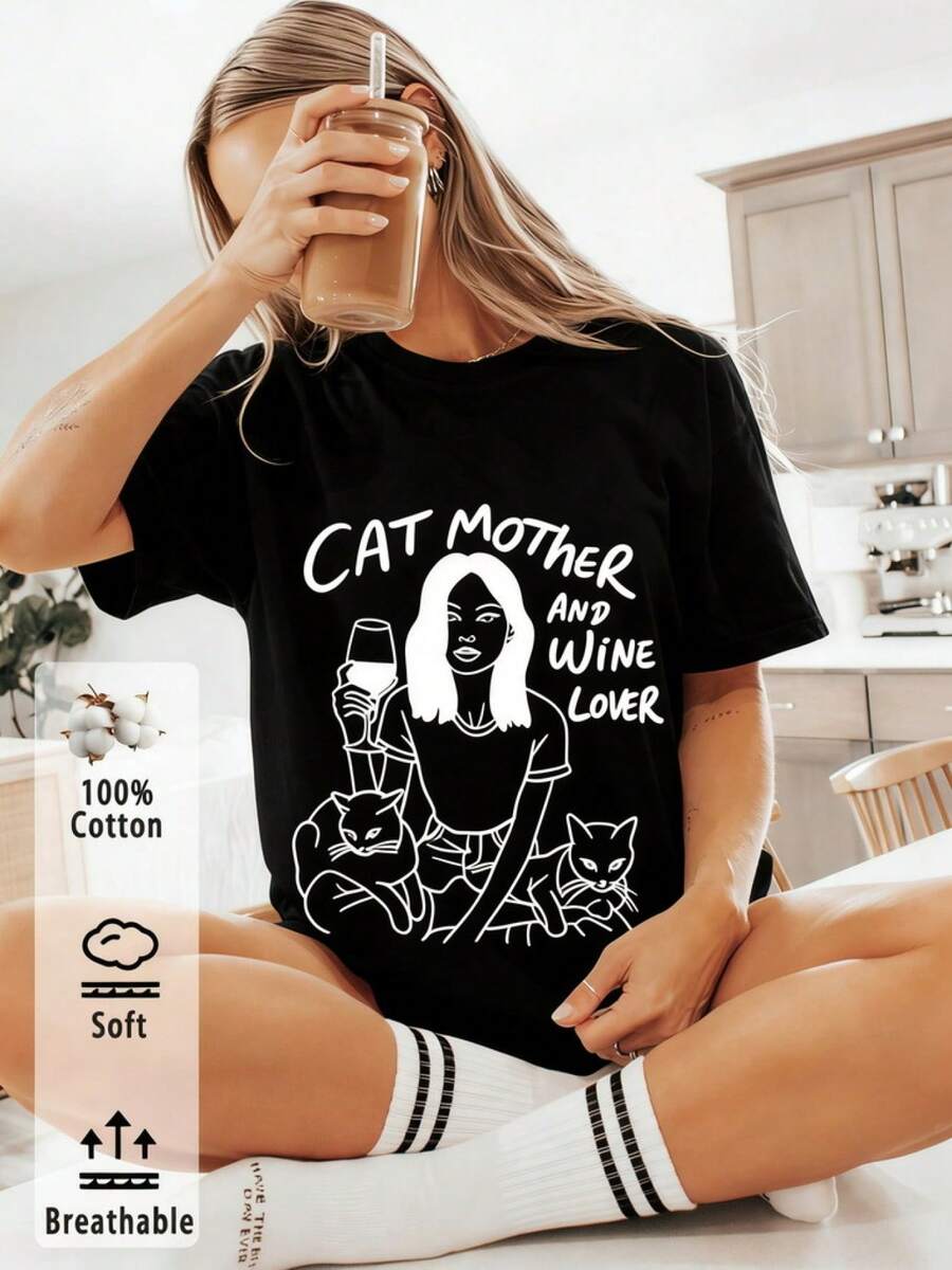 Conjunto de verano de una pieza para mujer, Cozy Comfy Lounge, camiseta con estampado de "madre gatuna" y amante del vino, adecuada para una noche inf - Negro - Ver 1