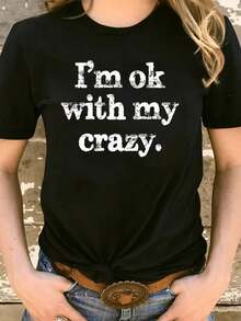 IM OK With MY CRAZY Camiseta de Manga Corta con Cuello Redondo y Estampado de Moda - La Elección Perfecta para Primavera y Verano, Ropa de Moda Femenina Cómoda - Suave, Transpirable, Lavable a Máquina, Ideal para Atuendos Casualesblusas para mujer>ropa - Negro - Ver 6