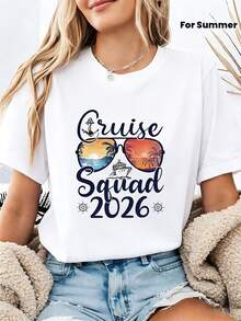 Women's Short-Sleeved T-Shirt With Round Neck, Featuring A Graphic Print From The  Trendy2026 Cruise Ship Squad Sunglasses Sea View Collection, Fresh And Vibrant, For Everyday Use In Spring/Summer. - 白色 - 查看 8
