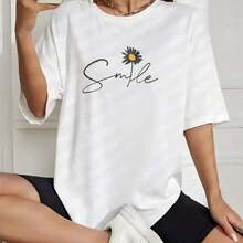 Women's Clothing Korean Style Summer Printed Cotton T-Shirt For Women, Smile And Daisy Print, Round Neck, Short Sleeve, Letter Print, Loose Fit, Casual, Versatile, For Daily Wear, Beach, Party, Vacation, Women's Shirts - 白色 - 查看 6