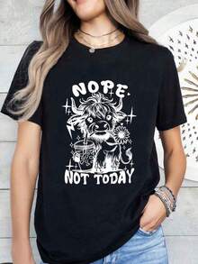 Women's Comfortable Casual Cotton Sports T-Shirt With 'Nope Not Today Cow Drink Star' Print, Ideal For A Gift - 黑色 - 查看 6
