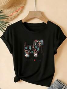 Una camiseta de mujer de manga corta, holgada, moderna, a la moda, retro y elegante, adecuada para actividades al aire libre en primavera y verano.Nueva camiseta casual de moda de verano con cuello redondo, estilo elegante, adecuada para todas las estaciones, estilo urbano, tela cómoda, versátil para el uso diario, con un estampado de corazón de cachorro de estilo occidental, un regalo ideal para una novia o esposa.blusas para mujer,blusas casuales para dama,tops,, mujer premium,y2k,playeras de mujer curvy,ofertas y liquidaciones ropa mujer,playeras deportivas para mujer,,playeras de hombre, mujer,blusas>elegante JMPJ - Negro - Ver 1
