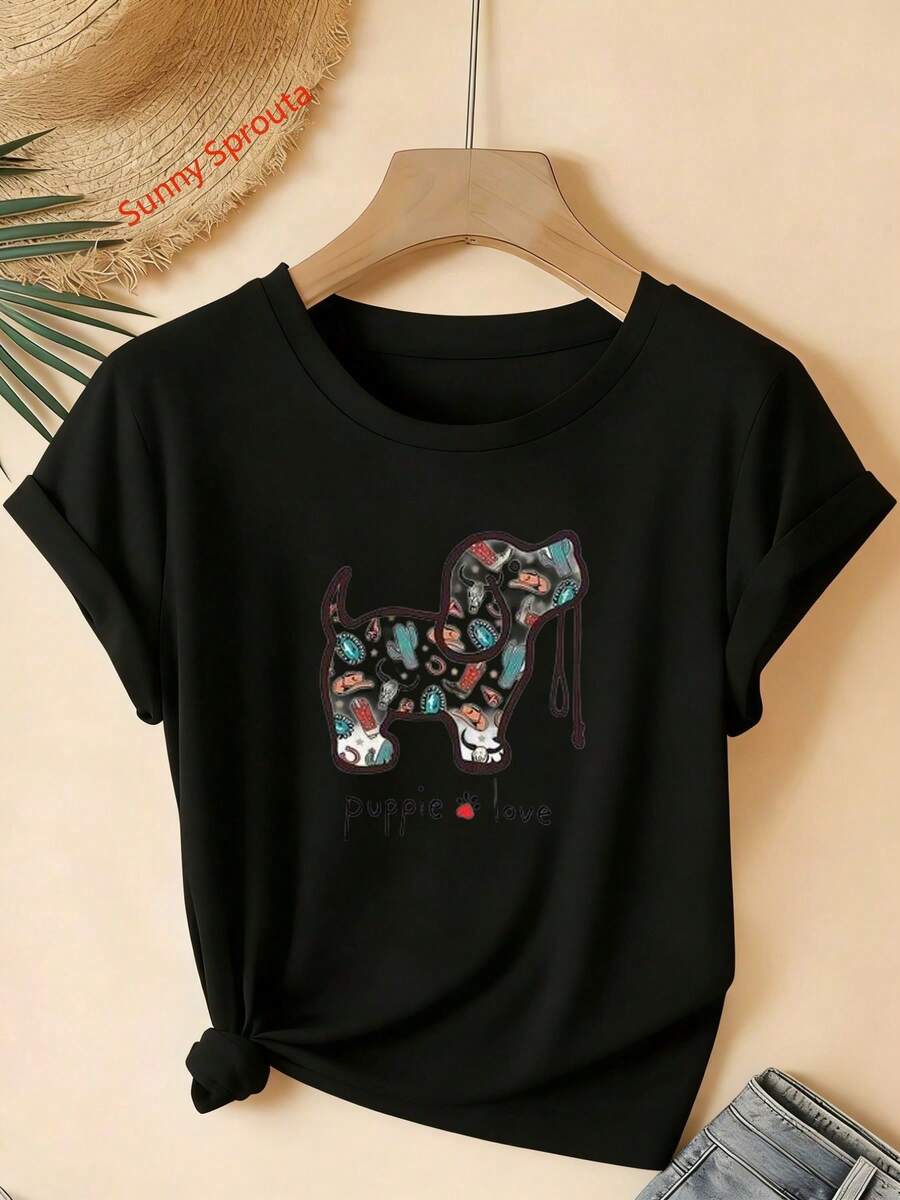 Una camiseta de mujer de manga corta, holgada, moderna, a la moda, retro y elegante, adecuada para actividades al aire libre en primavera y verano.Nueva camiseta casual de moda de verano con cuello redondo, estilo elegante, adecuada para todas las estaciones, estilo urbano, tela cómoda, versátil para el uso diario, con un estampado de corazón de cachorro de estilo occidental, un regalo ideal para una novia o esposa.blusas para mujer,blusas casuales para dama,tops,, mujer premium,y2k,playeras de mujer curvy,ofertas y liquidaciones ropa mujer,playeras deportivas para mujer,,playeras de hombre, mujer,blusas>elegante JMPJ - Negro - Ver 1