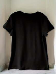 Suave camiseta nueva de verano con estampado de limones, estilo básico casual de cuello redondo, camiseta de manga corta para vacaciones de primavera/verano, mezcla elástica, ropa deportiva para mujer, ropa nueva para mujer, lavable a máquina, blusas elegantes para mujer. - Negro - Ver 2