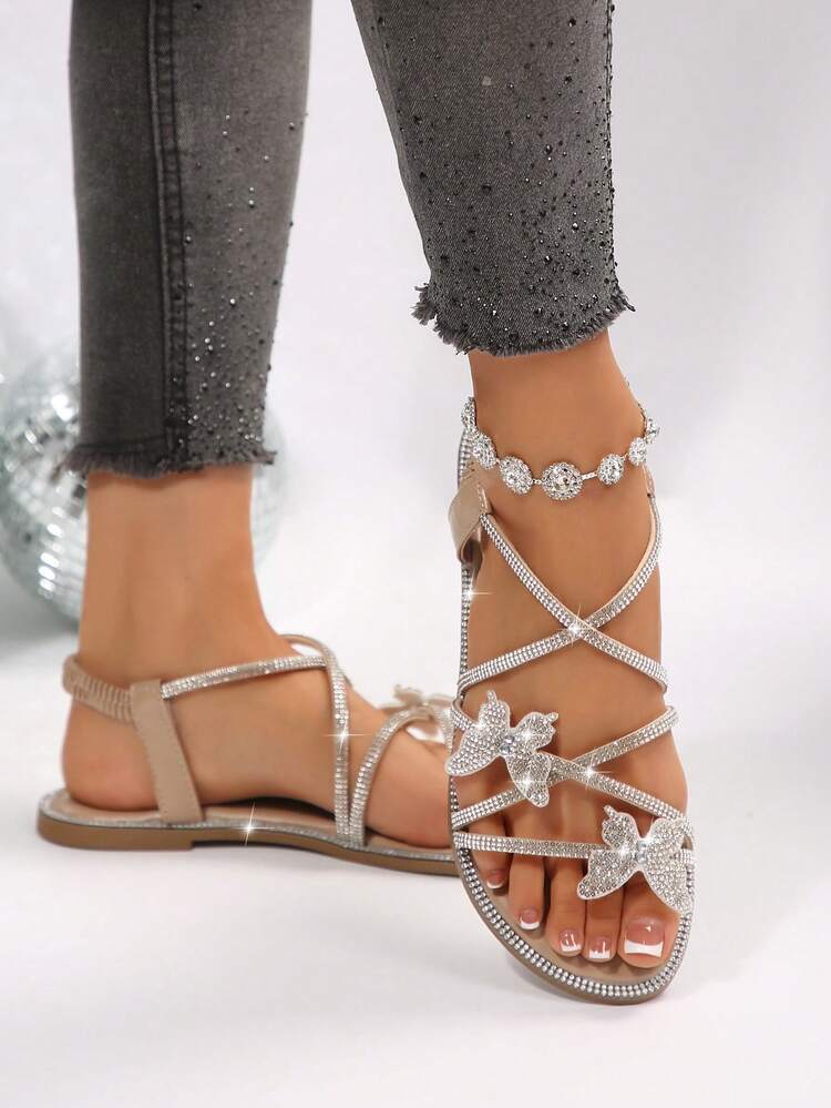 Women's Round Toe Criss-Cross Strap Sandals With Glass Rhinestones, Elastic Ankle Strap, Slip-On, Flat Sole, Suitable For Summer Beach Wear - Apricot - View 3