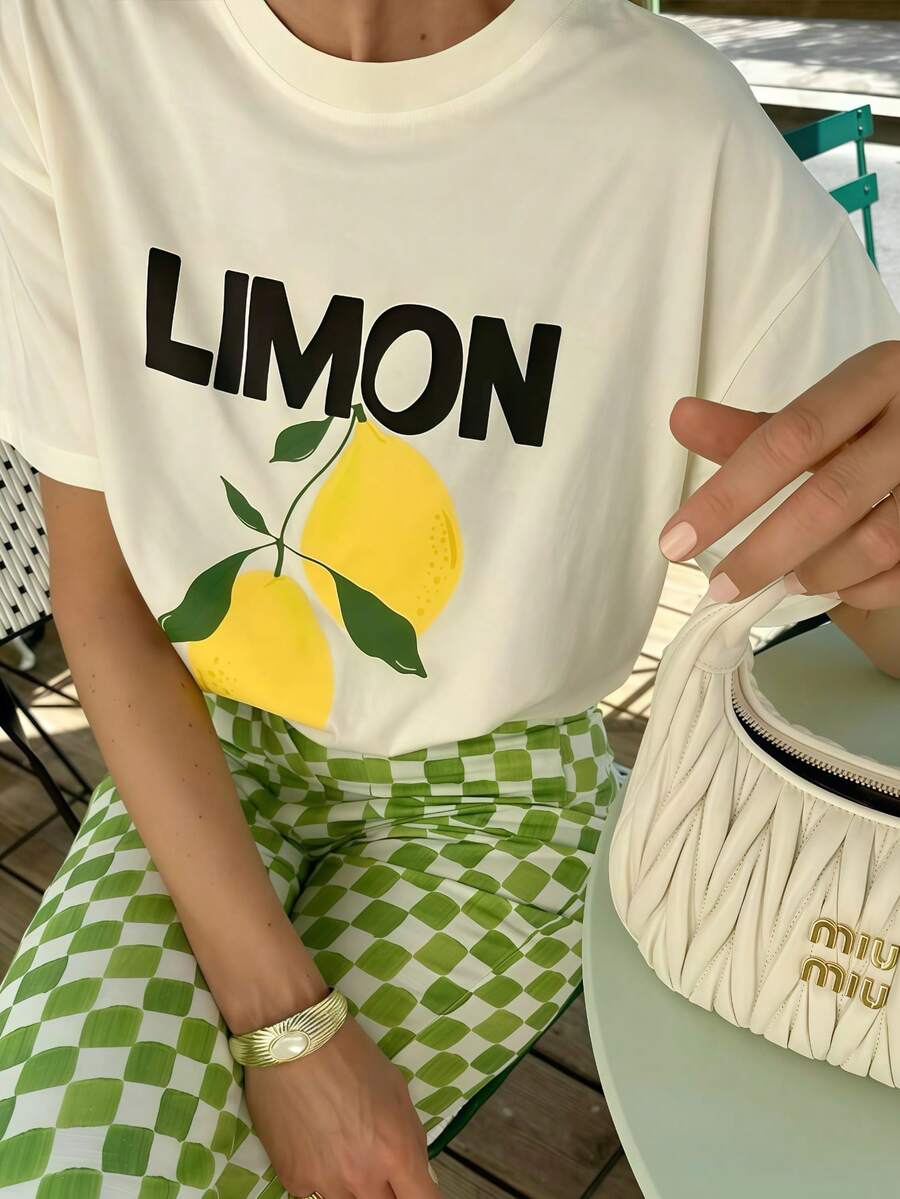 Women's Short-Sleeved Printed T-Shirt, Spring Clothing, Holiday Outfit, White For Summer, Beach Look, Vacation Style, Country Style, Women's Office Outfit. - 杏色 - 查看 1