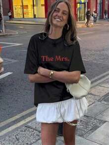 Women's Casual White Round Neck Short Sleeve T-Shirt With 'The Mrs.' Print, Regular Length Knit Top, Medium Elasticity - 黑色 - 查看 8