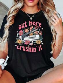 Women's Tops, Women's T-Shirts, Mother's Day, Casual Blouses For Women, Women's Tops, 2000s Style. This Women's T-Shirt Features A Floral Print, Perfect For The Office, Commuting, Or Creative Activities. It Has A Retro And Energetic Style With Short Sleeves, Ideal For A Professional Setting. - 黑色 - 查看 6