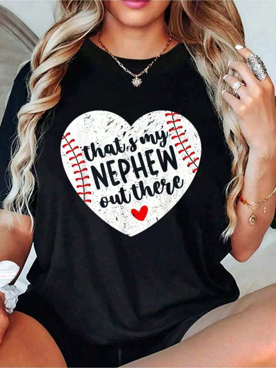 1 Piece Women's T-Shirt "That's My Nephew Out There" With Aunt Heart Design, For Mother's Day, Short Sleeve Round Neck T-Shirt, Casual Top For Summer And Spring, Women's Clothing, 180g 100% Cotton. - 黑色 - 查看 1