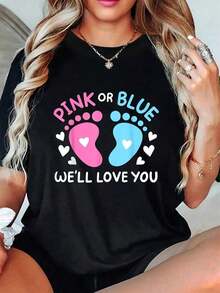 1 Piece T-Shirt For Mother's Day, Gender Reveal Party, Pink Or Blue, With The Phrase "We Love You", Summer T-Shirts, Short Sleeve, Round Neck, Casual Top For Summer And Spring, Women's Clothing, 180g 100% Cotton. - 黑色 - 查看 7