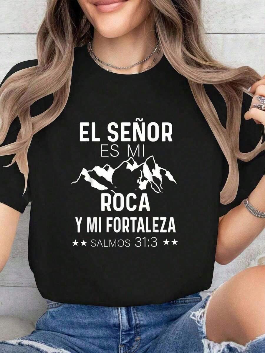1 Piece Women's T-Shirt With Spanish Bible Verse - T-Shirt With The Spanish Verse "The Lord Is My Rock" And Isaiah 33:12 - Soft Crew Neck T-Shirt For Casual Wear At Church And Everyday Life - Christian Clothing Gift For Women (Spanish Text In Black/White) - Comfortable T-Shirt For All Seasons - Machine Washable And Dryable - Stylish Christian Faith Design With Inspirational Message In Spanish - 180g 100% Cotton - 黑色 - 查看 1