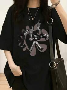 1 Piece Homies Good Buddies Cartoon Print T-Shirt - Women's Casual Short Sleeve Crew Neck T-Shirt, Soft Cotton, 180g, 100% Cotton. - 黑色 12 - 查看 11