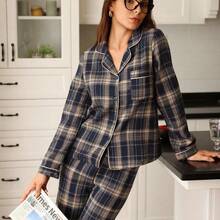 Doze Lane Cotton Fabric Plaid Casual Lapel Collar Long Sleeve Pajama Set For Women Plaid Pajamas Women Pajama Set Fall Pajamas For Women Comfy Pajama Set Checkered Pajamas Women Pajama Sets Comfy Pajama Sets Winter Pajamas Fall Clothes, Cozy And Elegant Details - Marrón - Ver 6