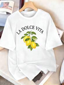 Damen T-Shirt, individuelles Design, frischer Zitronen-Muster T-Shirt, Große Größen, Frühling/Sommer, Neuheit, Sportbekleidung, Lässig, Modisch, Weich, Atmungsaktiv, weißes Kurzarm-Top für Damen - Weiss - Übersicht 2