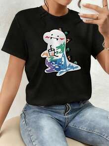 White Dinosaur Figure With Vibrant Color Details That Convey Energy, Joy And A Sense Of Freedom While Holding A Modern Drink, Inspiring Urban Fun. Women's 100% Cotton T-Shirt, Comfortable And Modern For Everyday Wear. Comfortable Clothing. - 黑色 - 查看 7