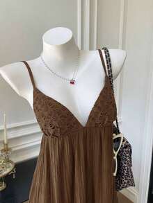 Vestido de tirantes corto, de unicolor, casual y de vacaciones para mujer - Marrón - Ver 4