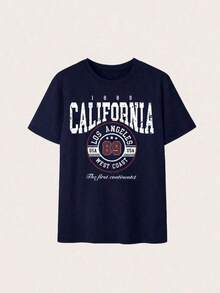 Vintage LA Graphic Crew Neck T-Shirt - A Viral '90s Retro Preppy Must-Have | Navy Blue West Distressed Letter Print Tee | Perfect For Summer Holidays, Campus, And Casual Wear, Soft And Breathable Cotton Blend Fabric Combines Timeless Campus Athletic Vibe With Relaxed Y2K Retro Comfort - 彩色 - 查看 2
