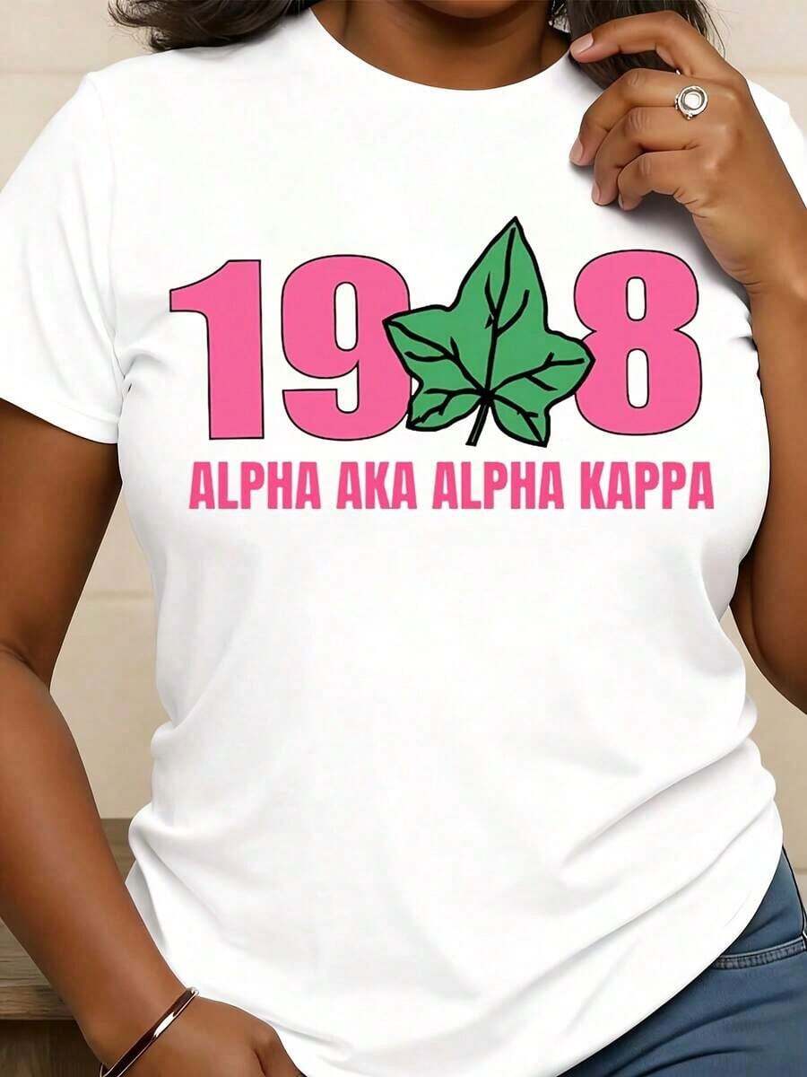 Women's Crew Neck T-Shirt, Model 198 Alpha Aka With A Leaf Design, Ideal For Spring And Summer. Perfect Gift For Sorority Members, Suitable For Summer And Fall Celebrations, An Ideal Gift For Patriots And Independence Day, And A Great Present For Friends And Family. - 白色 - 查看 1