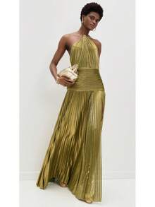 Metallic Pleated Halter Maxi Dress, Ruched Waist With Front Slit, Elegant Evening Gown For Prom & Weddings - Gold - View 3