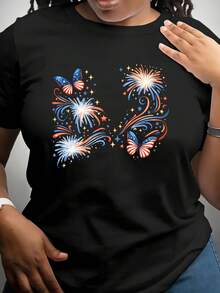 Women's Short Sleeve Independence Day T-Shirt, Commemorative National Flag T-Shirt, Crew Neck Style, Comfortable And Soft Fabric, Suitable For Independence Day, The Fourth Of July, Memorial Day, Presidents' Day, And Children's Celebrations. Casual Women's Blouse - 黑色 - 查看 7